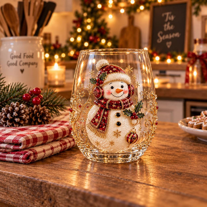 3D Embossed Snowman Stemless Wine Glass, Gold Snowflake Holiday Drinkware