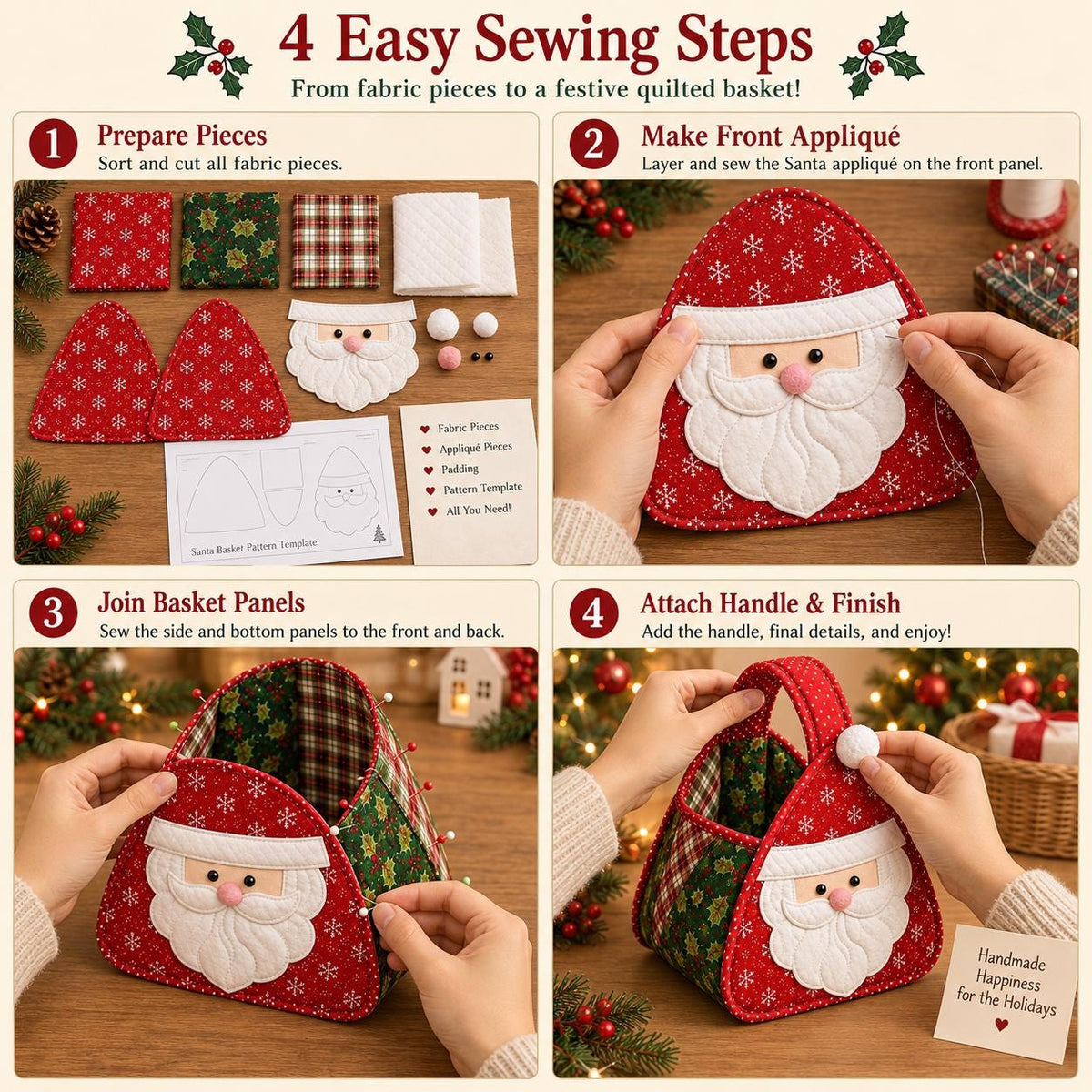 DIY Quilted Santa Basket Kit, Complete Sewing Craft Kit, Christmas Fabric Storage Basket, Beginner Sewing Proj – view 3