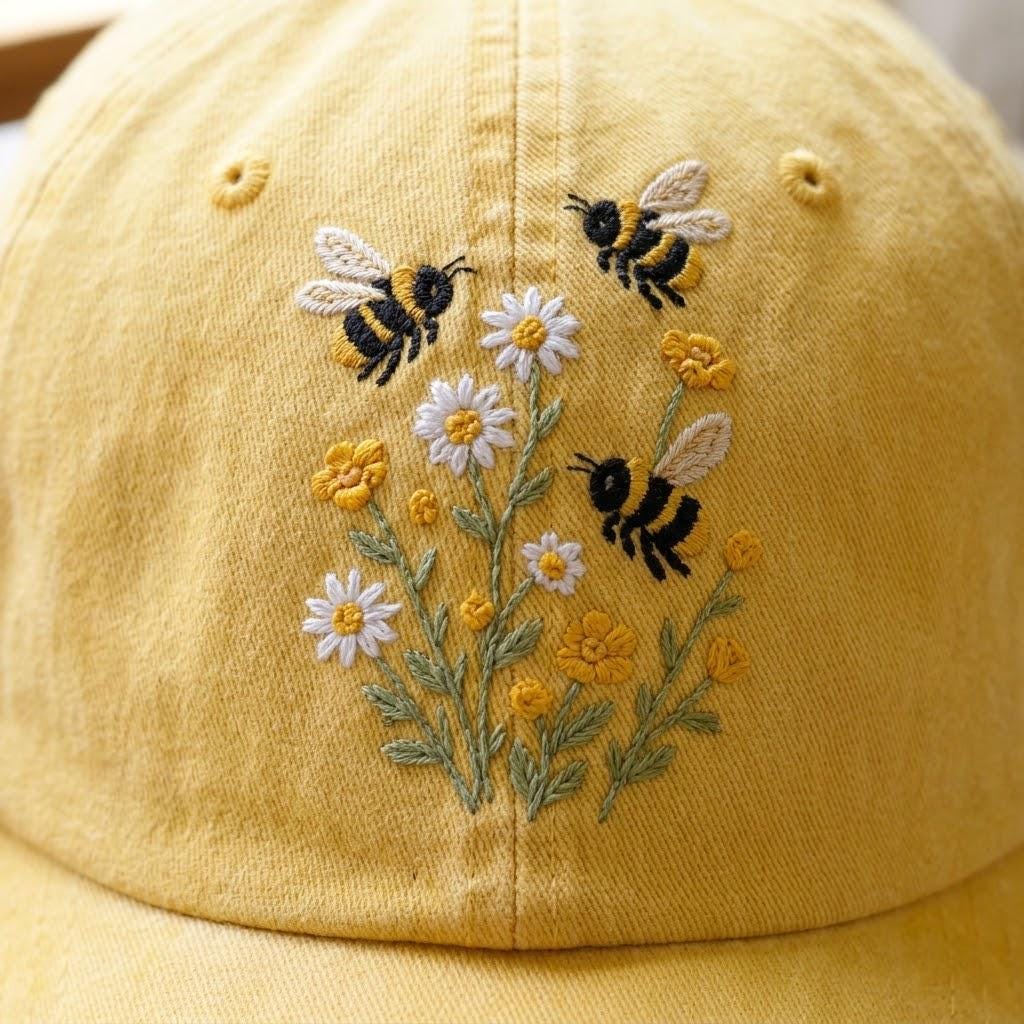 Embroidered Bumble Bee Hat, Wildflower Floral Cap, Bee Lover Gift, Gardener Nature Lover Washed Dad Hat – view 2