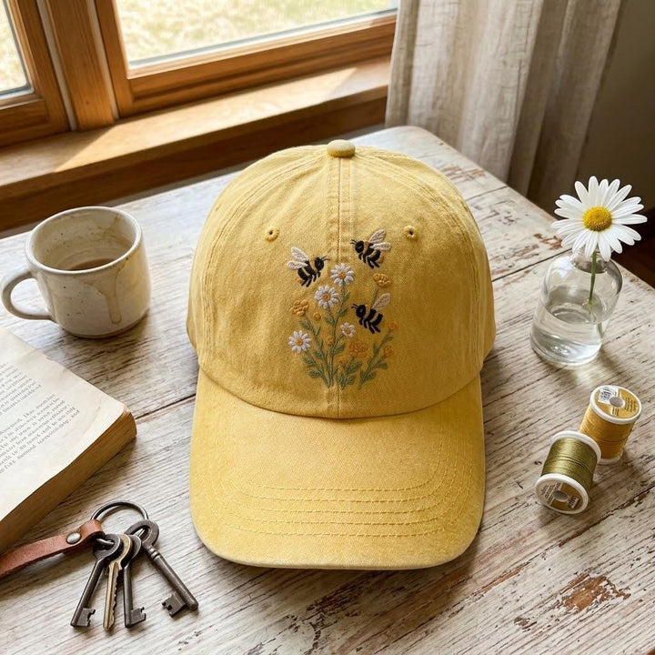 Embroidered Bumble Bee Hat, Wildflower Floral Cap, Bee Lover Gift, Gardener Nature Lover Washed Dad Hat