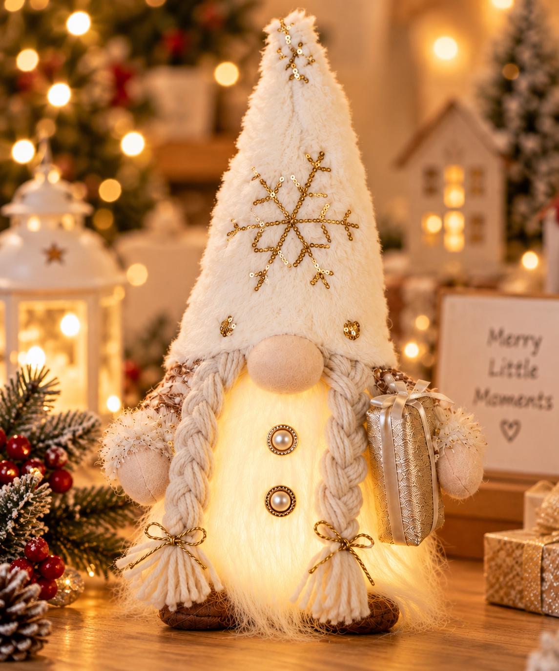 Light-Up Gnome Figurine, Neutral Christmas Decor, LED Candlelight Glow (Battery Operated) – view 3