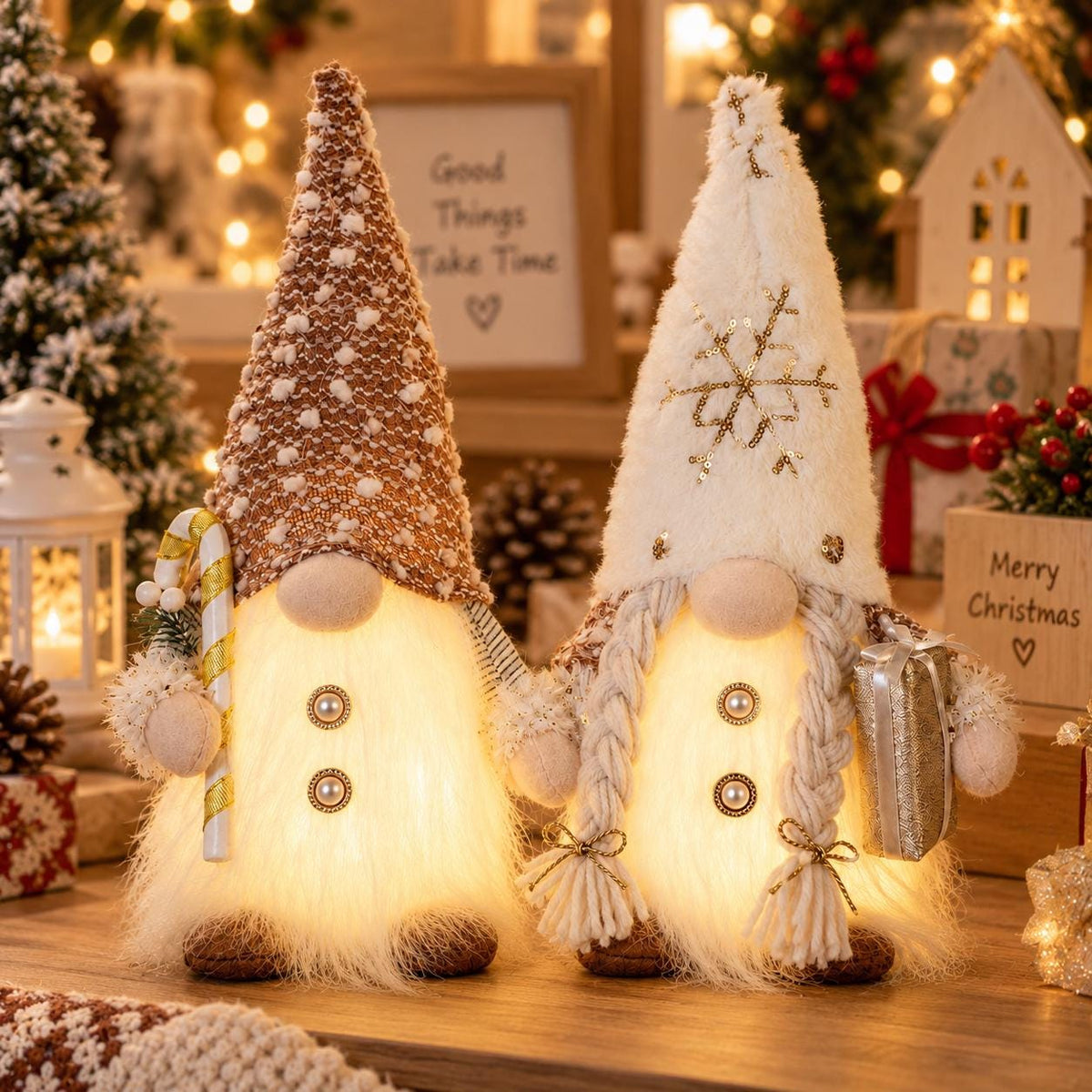 Light-Up Gnome Figurine, Neutral Christmas Decor, LED Candlelight Glow (Battery Operated) – view 2