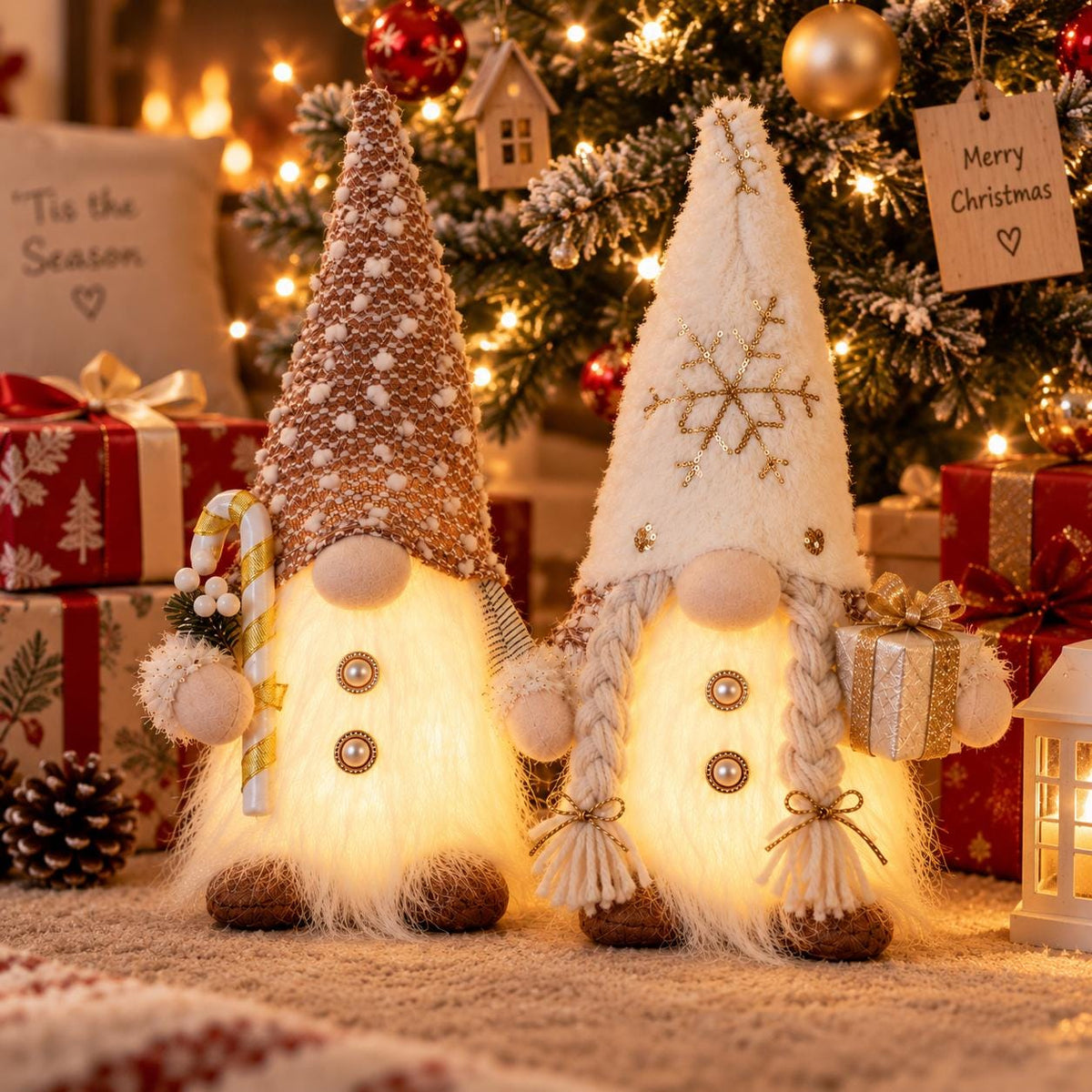 Light-Up Gnome Figurine, Neutral Christmas Decor, LED Candlelight Glow (Battery Operated)