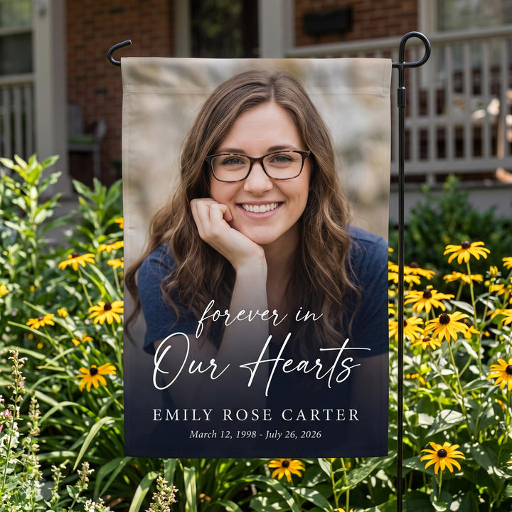 Custom In Loving Memory Garden Flag – Photo Tribute Remembrance Banner, Forever in Our Hearts Yard Banner