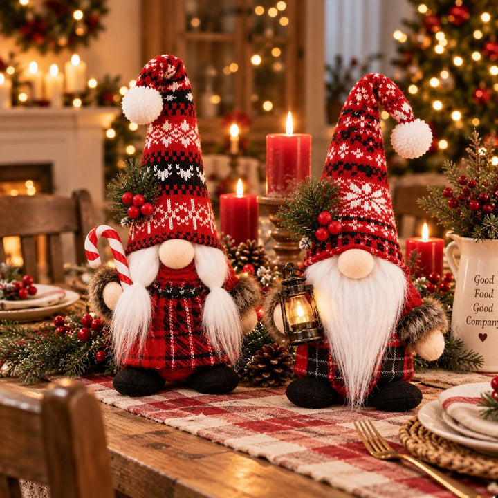 Nordic Plaid Christmas Gnome Plush, Lantern or Candy Cane Holiday Decor
