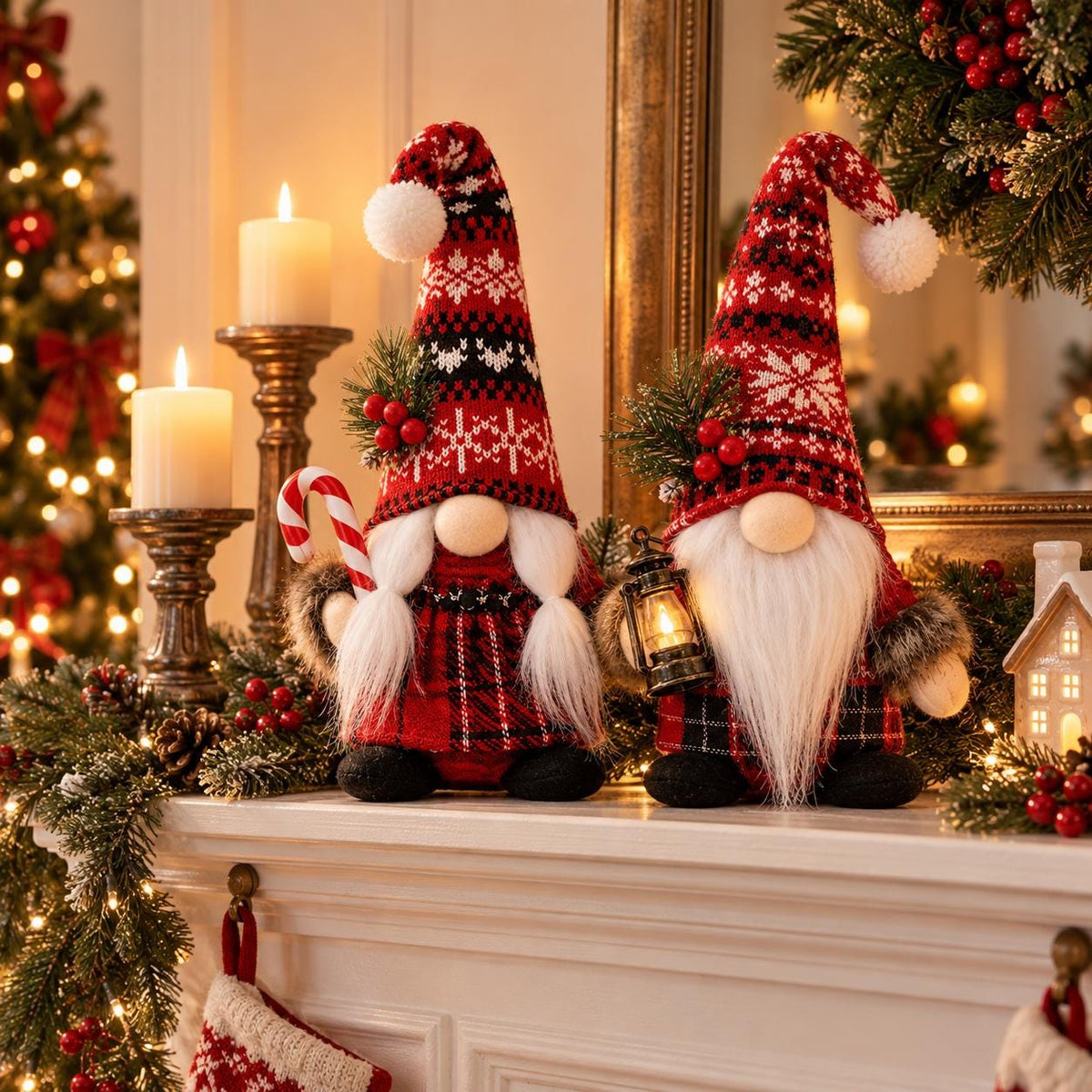 Nordic Plaid Christmas Gnome Plush, Lantern or Candy Cane Holiday Decor – view 3