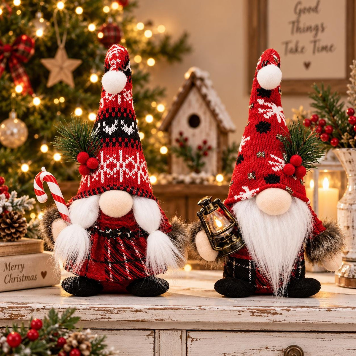 Nordic Plaid Christmas Gnome Plush, Lantern or Candy Cane Holiday Decor – view 4
