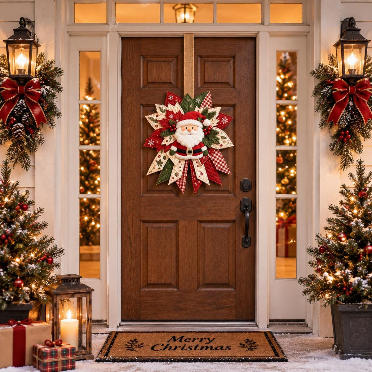 DIY Felt Santa Wreath Craft Kit, Christmas Door Decor, Printed Felt Fabric Holiday Wreath, Beginner Sewing Cra