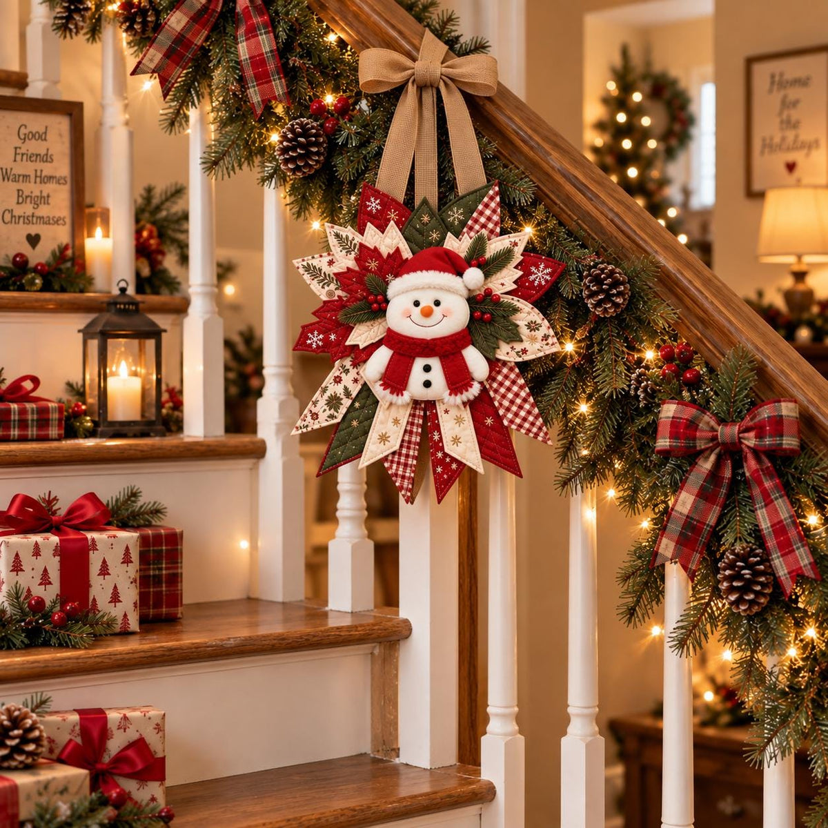 DIY Felt Snowman Wreath Craft Kit, Rustic Farmhouse Plaid Christmas Door Decor, Beginner Sewing Craft Kit – view 3