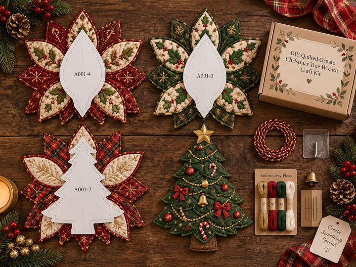 DIY Felt Fabric Christmas Tree Wreath Craft Kit, Printed Felt Ornate Holiday Wreath, Beginner Sewing Craft Kit (16-18 Inch)