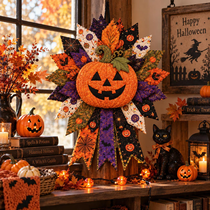 DIY Felt Pumpkin Wreath Craft Kit, Halloween Jack-o'-Lantern Door Decor, Beginner Sewing Craft Kit