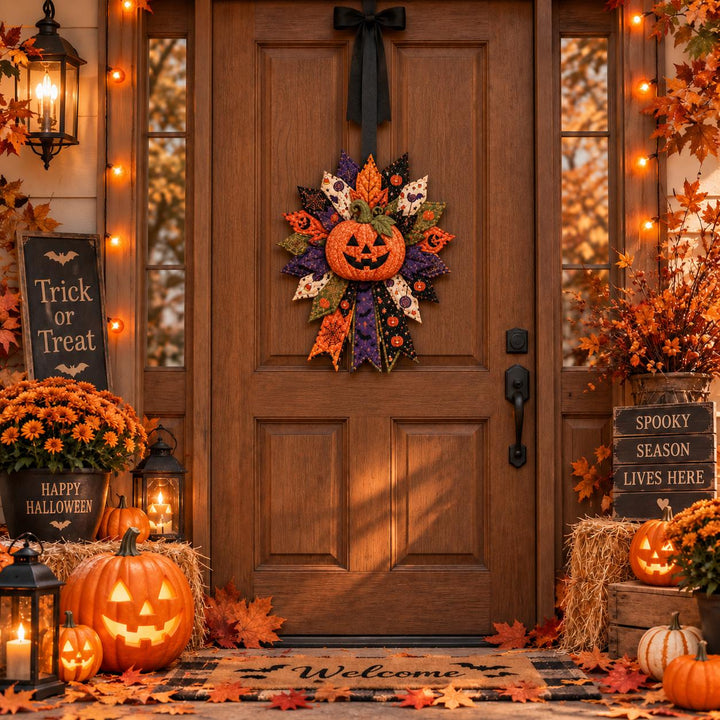 DIY Felt Pumpkin Wreath Craft Kit, Halloween Jack-o'-Lantern Door Decor, Beginner Sewing Craft Kit