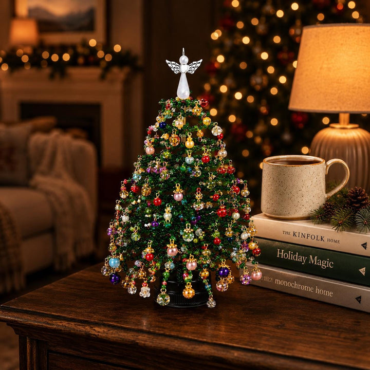 Handmade Glass Bead Christmas Tree, LED Lights, Angel Topper, Multicolor Ornaments
