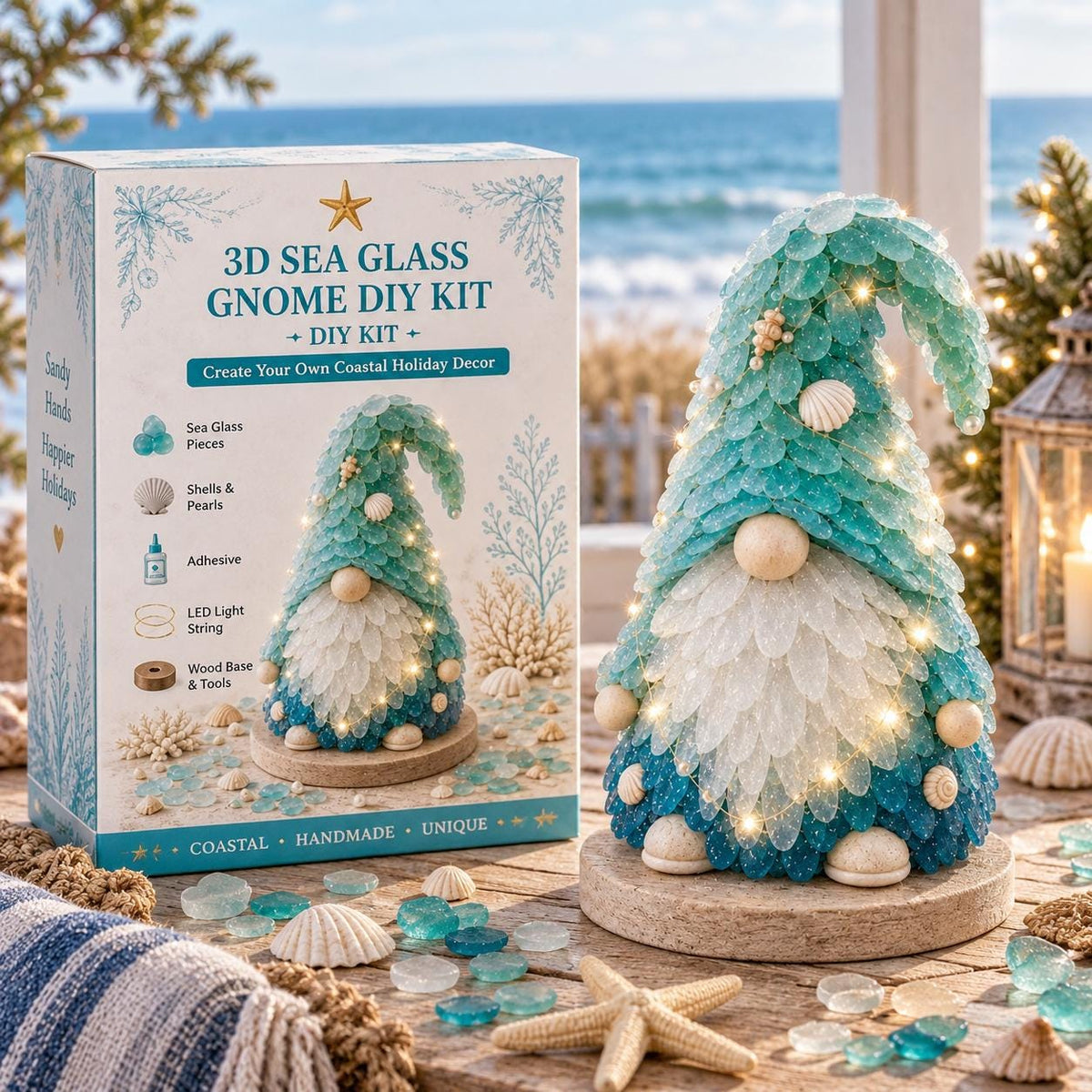 3D Sea Glass Gnome DIY Kit, LED Light Up Coastal Holiday Decor (Craft) – view 3