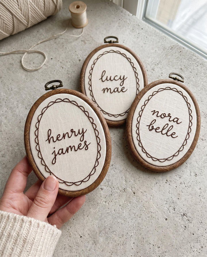 Custom Scalloped Embroidered Name Ornament, Oval Wooden Hoop Sign Nursery Gift