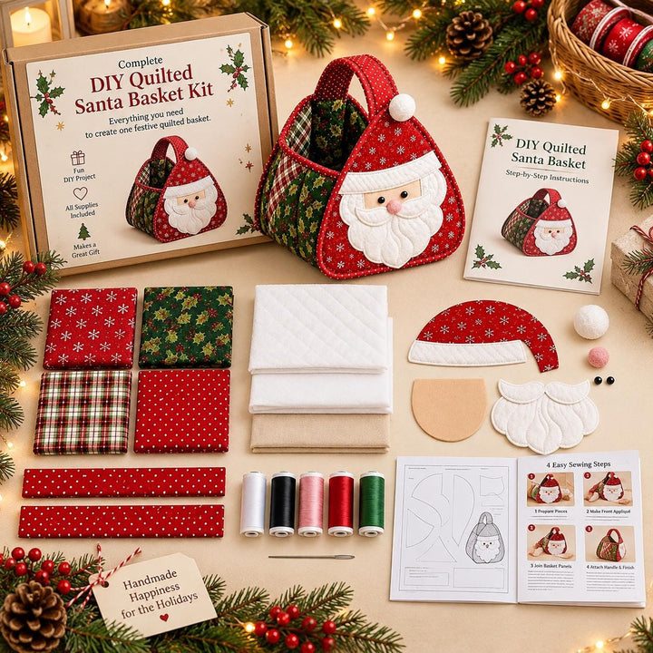 DIY Quilted Santa Basket Kit, Complete Sewing Craft Kit, Christmas Fabric Storage Basket, Beginner Sewing Project, Xmas Gift