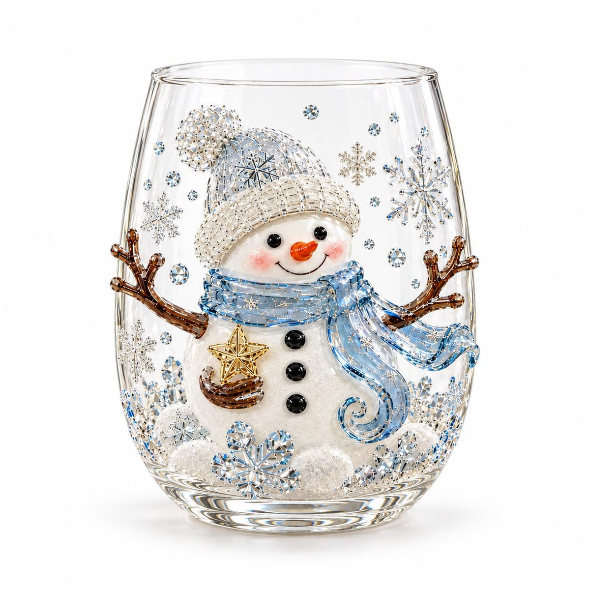 3D Embossed Snowman Stemless Wine Glass, Gold Snowflake Holiday Drinkware – view 3