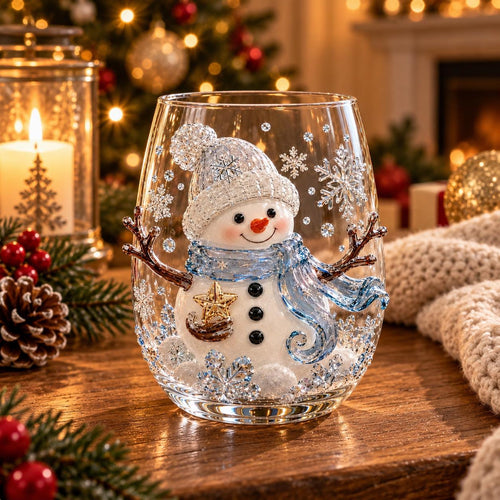 3D Embossed Snowman Stemless Wine Glass, Gold Snowflake Holiday Drinkware