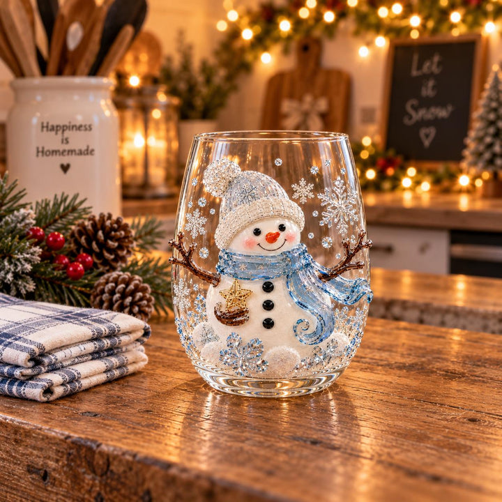 3D Embossed Snowman Stemless Wine Glass, Gold Snowflake Holiday Drinkware