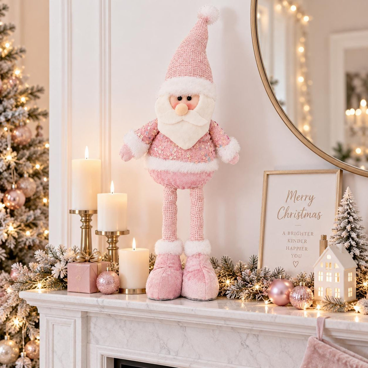 Pink Sequin Santa Figurine, Extendable Legs, Blush Christmas Decor – view 4