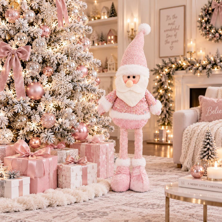 Pink Sequin Santa Figurine, Extendable Legs, Blush Christmas Decor