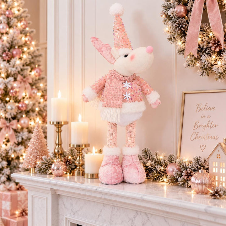 Pink Sequin Reindeer Plush Figurine, Extendable Legs, Blush Christmas Decor