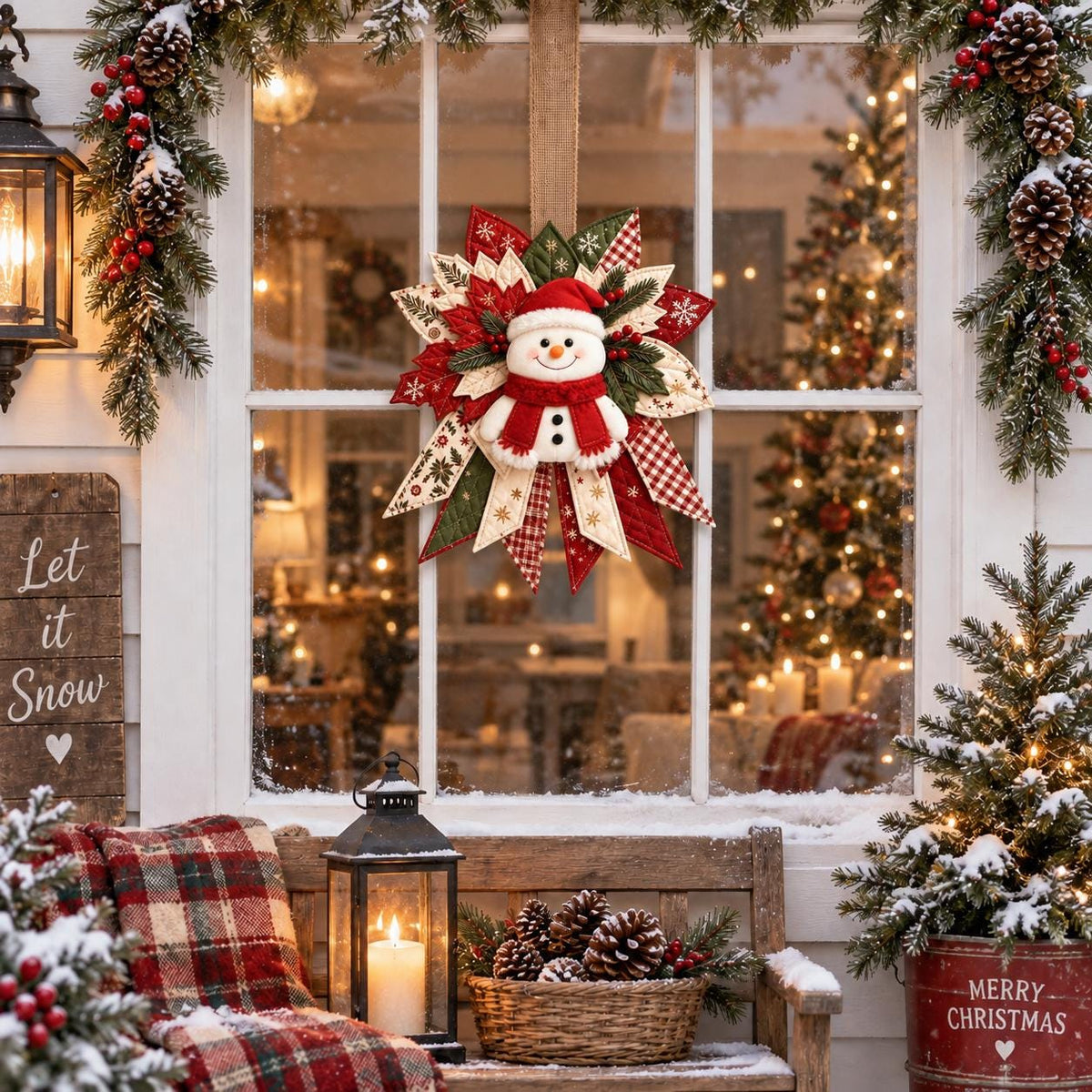 DIY Felt Snowman Wreath Craft Kit, Rustic Farmhouse Plaid Christmas Door Decor, Beginner Sewing Craft Kit