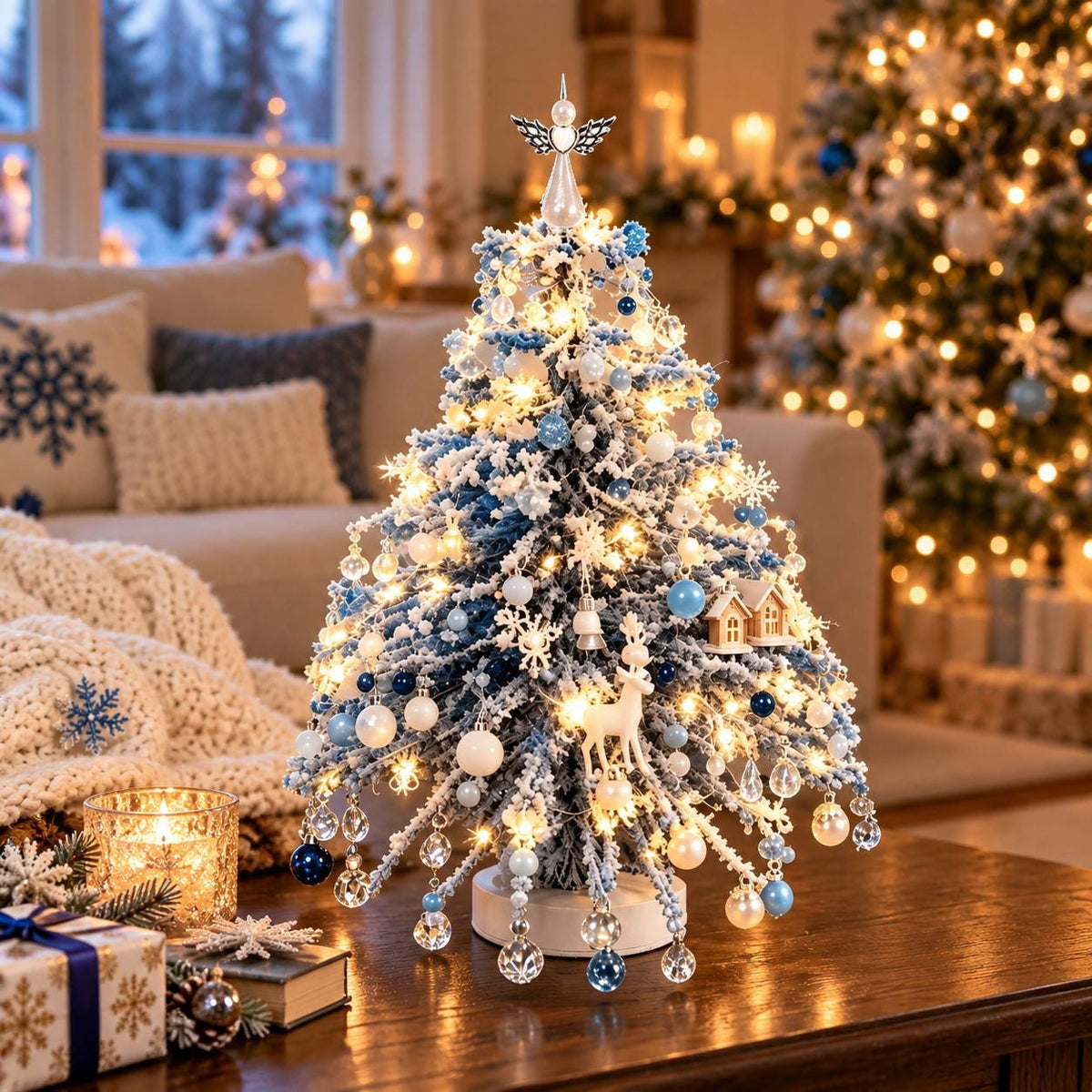 Handmade Beaded Christmas Tree, Blue Flocked, Crystal Ornaments, LED Lights (Tabletop Decor)