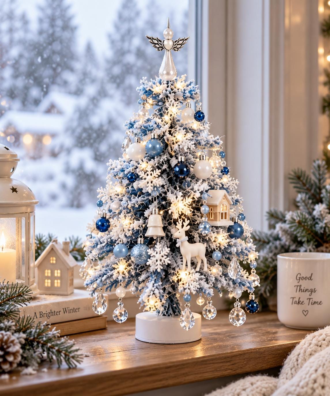 Handmade Beaded Christmas Tree, Blue Flocked, Crystal Ornaments, LED Lights (Tabletop Decor) – view 3