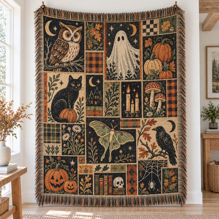 Vintage Halloween Woven Blanket, Dark Cottagecore Ghost Cat Tapestry Throw, Fall Quilt Sampler Witchy Home Decor, Spooky Season Autumn Gift