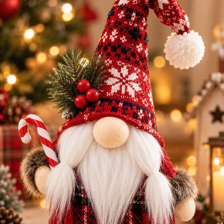 Nordic Plaid Christmas Gnome Plush, Lantern or Candy Cane Holiday Decor