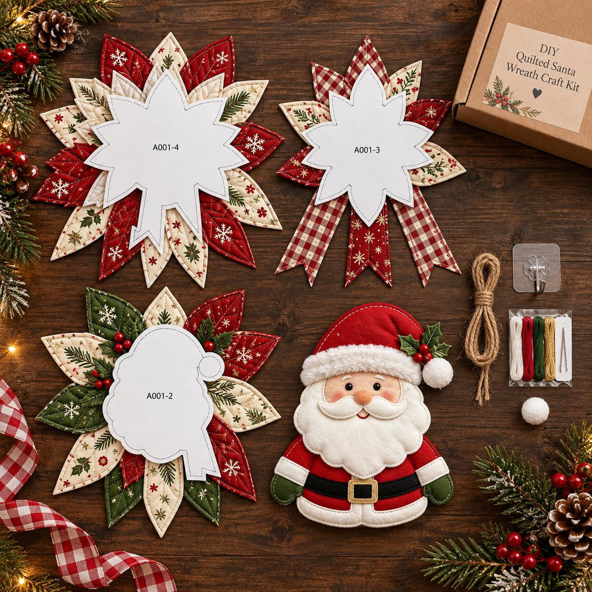 DIY Felt Santa Wreath Craft Kit, Christmas Door Decor, Printed Felt Fabric Holiday Wreath, Beginner Sewing Cra – view 2