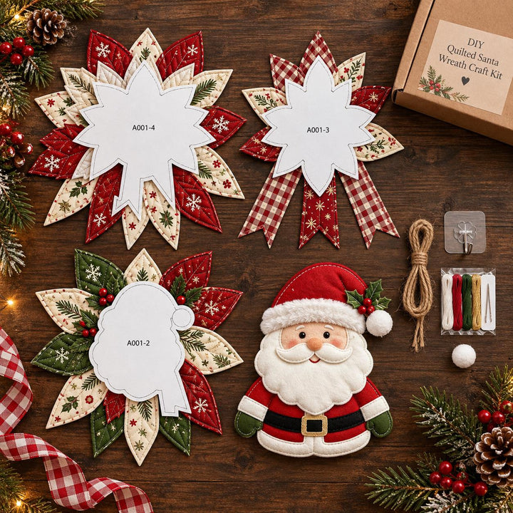 DIY Felt Santa Wreath Craft Kit, Christmas Door Decor, Printed Felt Fabric Holiday Wreath, Beginner Sewing Craft Kit