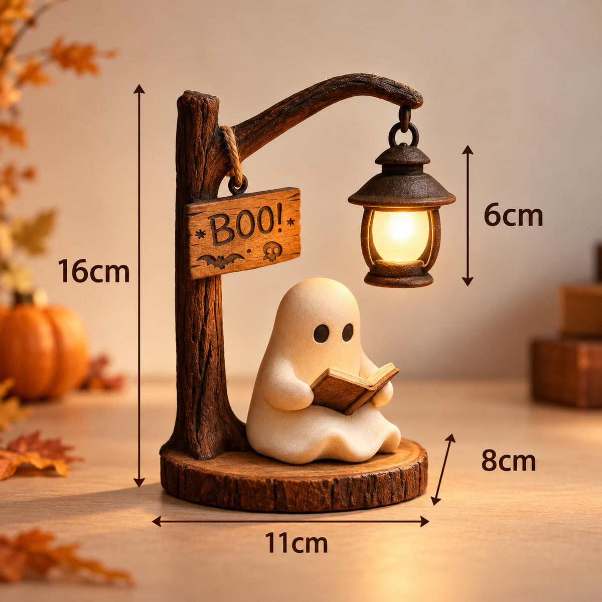 Ghost Reading Lantern Night Light, Rustic Wood Base, Warm LED Glow (Resin Figurine) – view 3