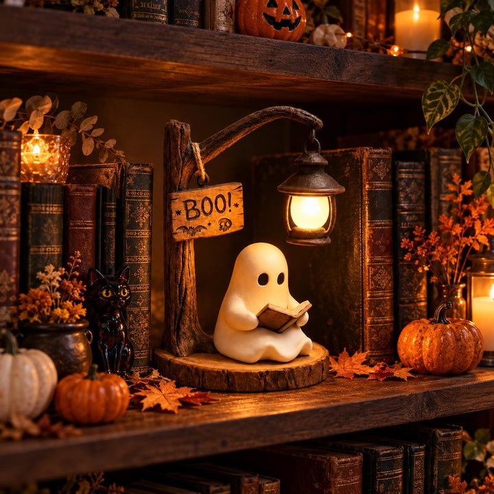 Ghost Reading Lantern Night Light, Rustic Wood Base, Warm LED Glow (Resin Figurine)