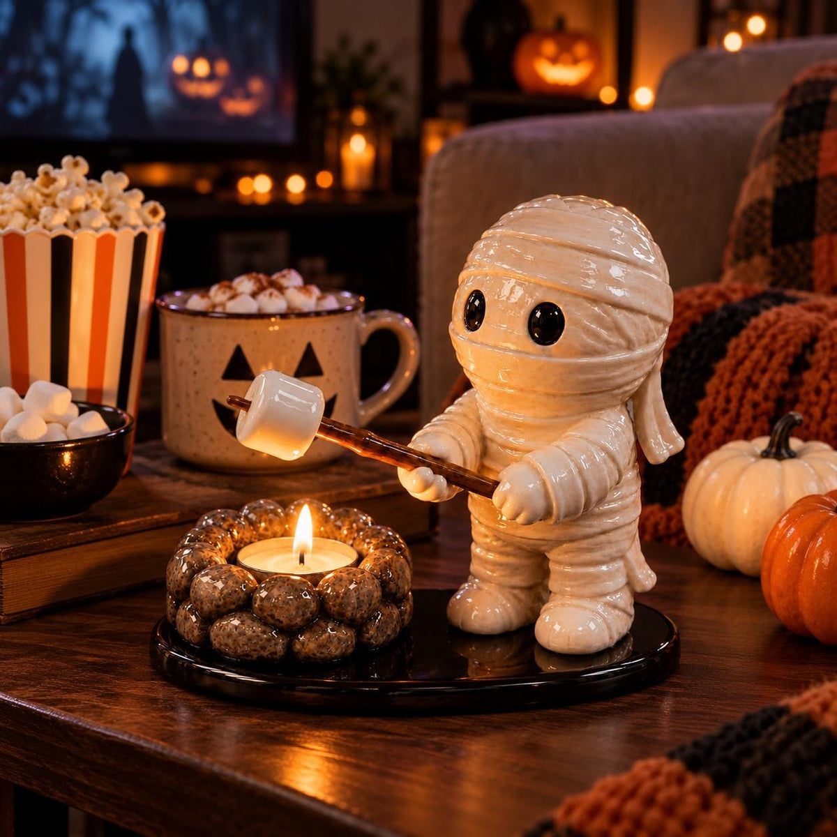 Resin Mummy Candle Holder, Roasting Marshmallow Tealight Figurine, Halloween Decor