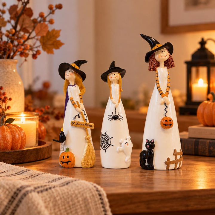 Whimsical Halloween Witch Trio Decor Set, Cute Resin Witch Figurines with Broom Pumpkin & Spider, Mantel Display Collection