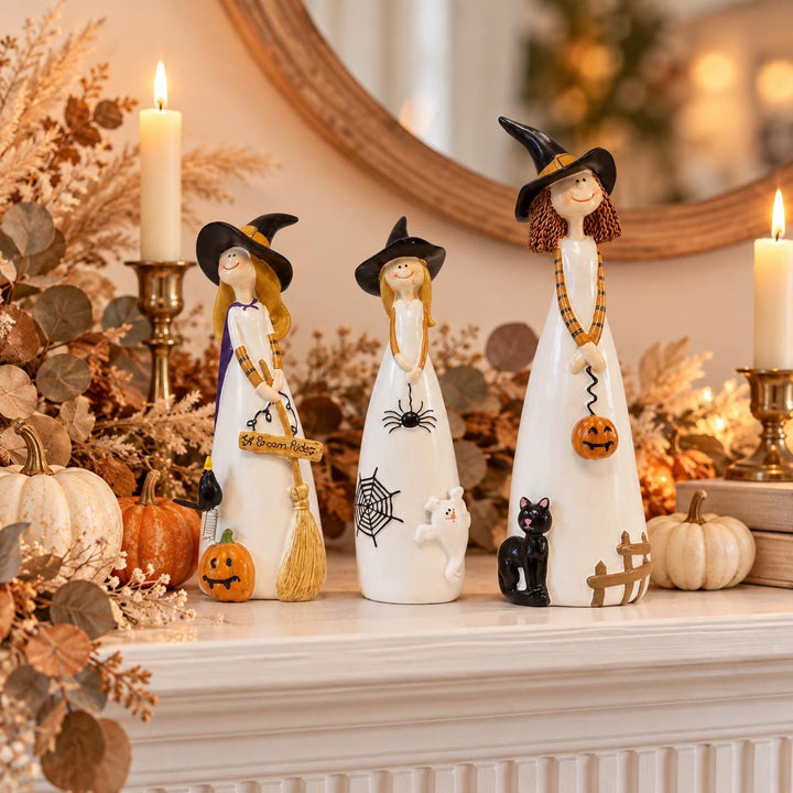 Whimsical Halloween Witch Trio Decor Set, Cute Resin Witch Figurines with Broom Pumpkin & Spider, Mantel Display Collection