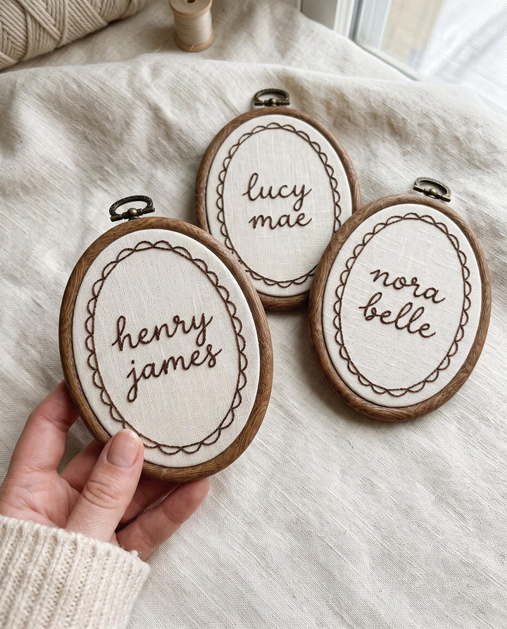 Custom Scalloped Embroidered Name Ornament, Oval Wooden Hoop Sign Nursery Gift
