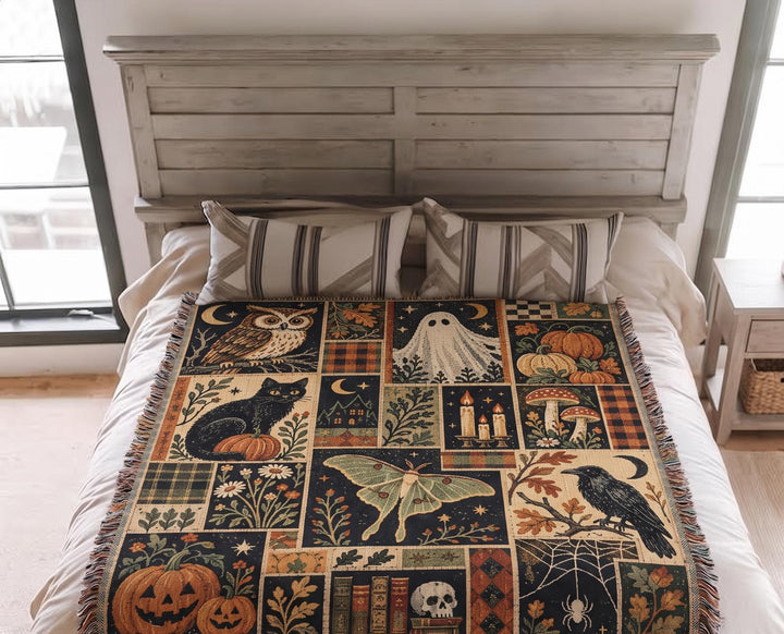 Vintage Halloween Woven Blanket, Dark Cottagecore Ghost Cat Tapestry Throw, Fall Quilt Sampler Witchy Home Decor, Spooky Season Autumn Gift