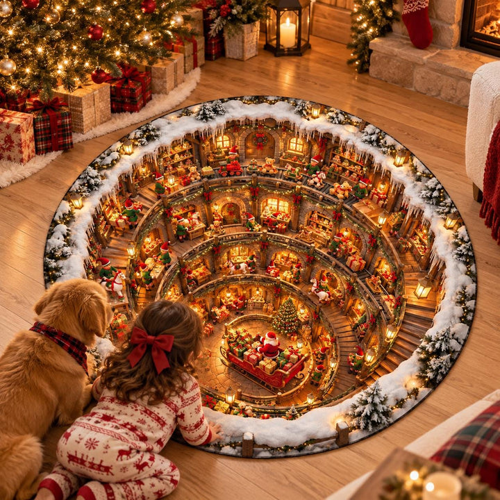 3D Santa's Workshop Round Rug, Christmas Illusion Area Rug, Non-Slip Foam Cushion Floor Mat, Holiday Home Decor