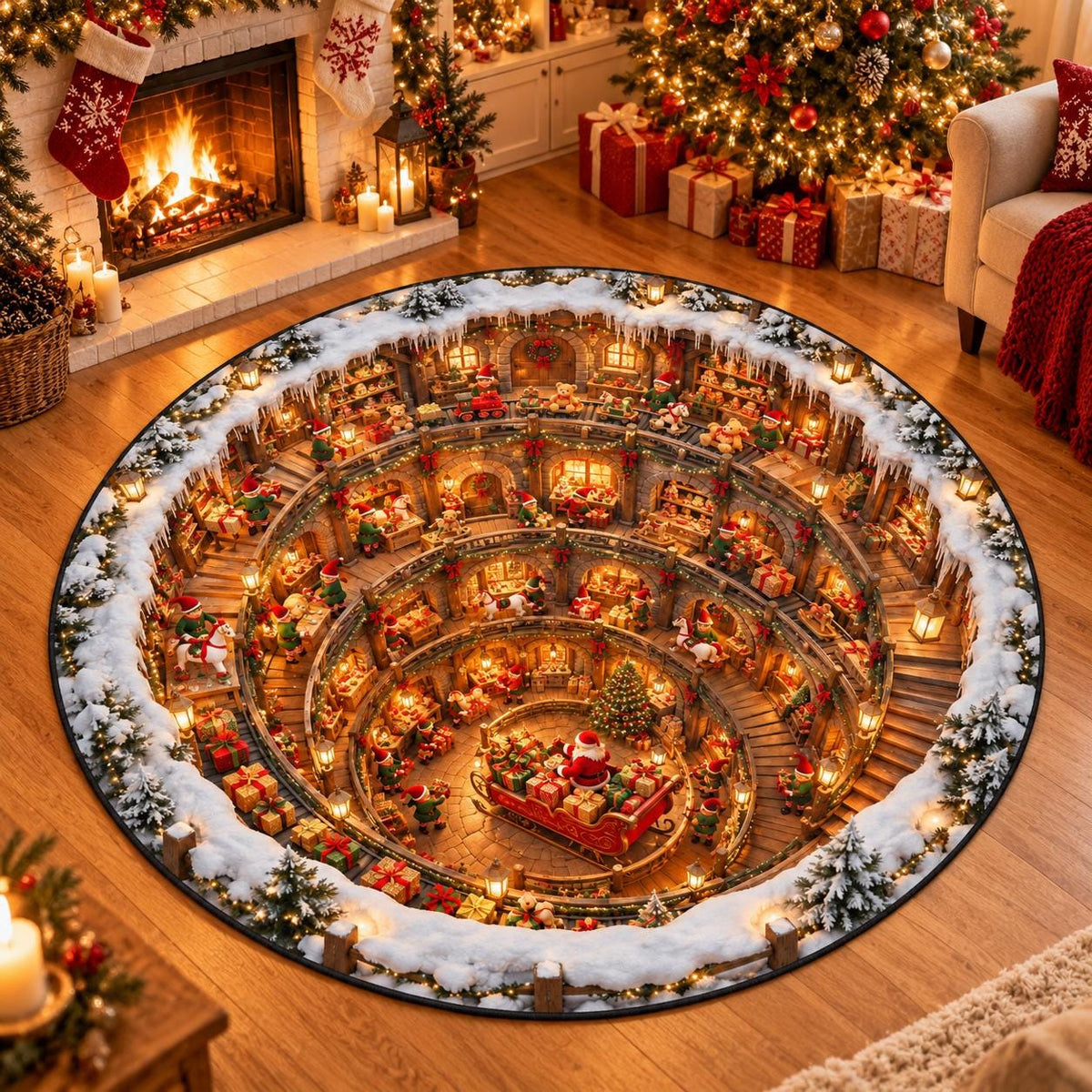 3D Santa's Workshop Round Rug, Christmas Illusion Area Rug, Non-Slip Foam Cushion Floor Mat, Holiday Home – view 3