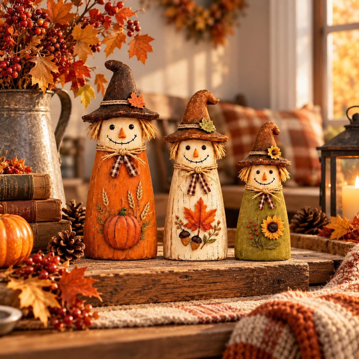3-Piece Wooden Scarecrow Set, Orange White Green Fall Decor, Rustic Harvest Tabletop Decoration, Autumn Home A