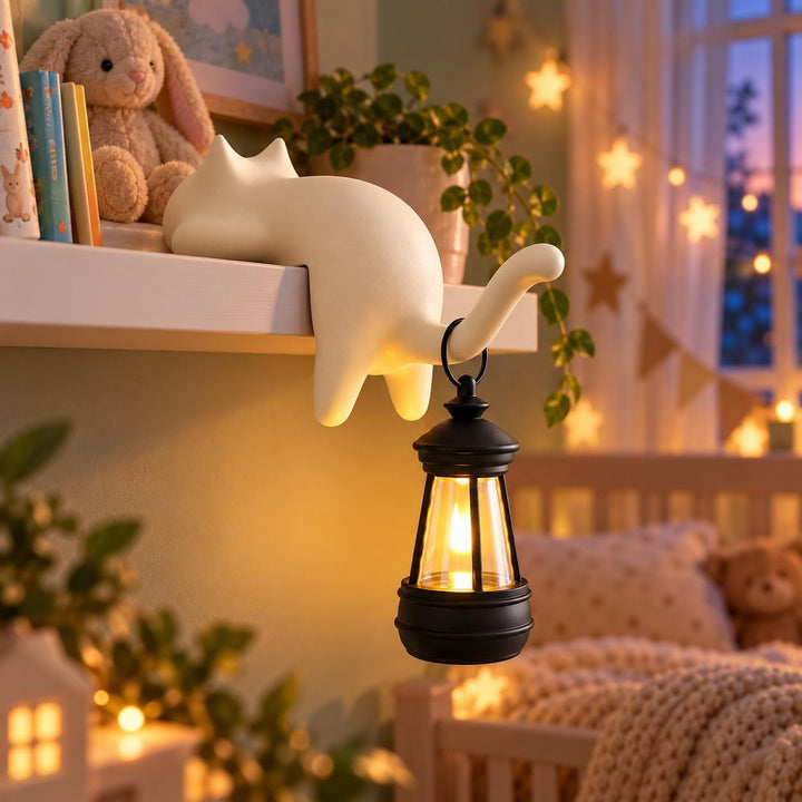 3D Printed Cat Shelf Hook with Lantern, Cute Cat-Shaped Bookshelf Key Hook Decor, Shelf Sitter with Hanging Lantern