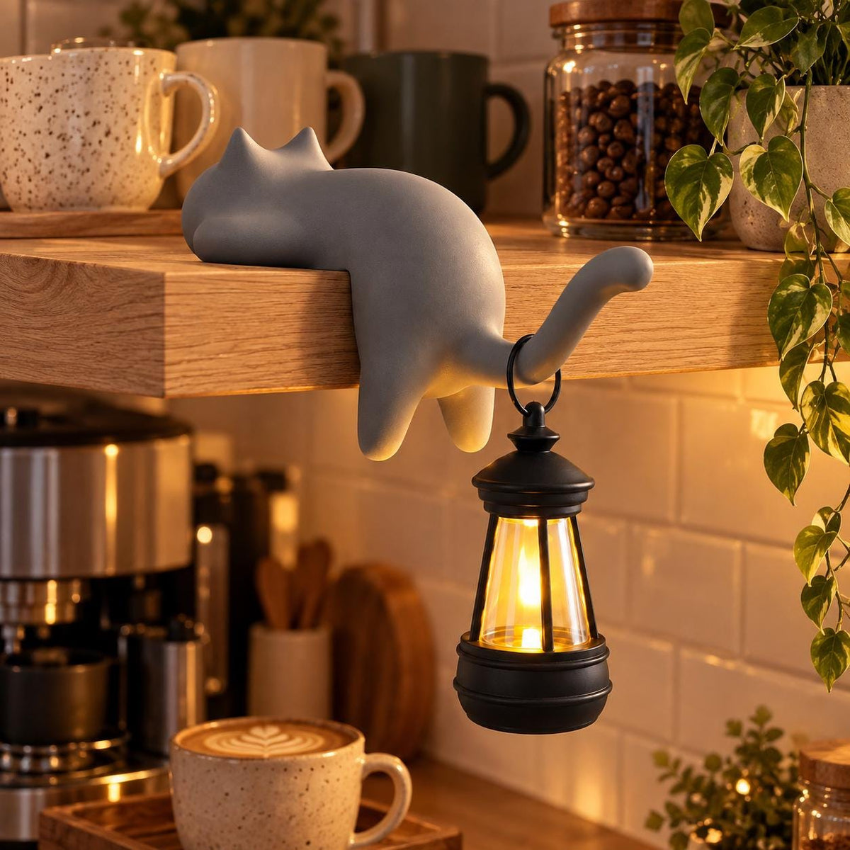 3D Printed Cat Shelf Hook with Lantern, Cute Cat-Shaped Bookshelf Key Hook Decor, Shelf Sitter with Hanging La – view 3