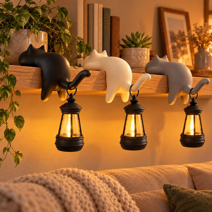 3D Printed Cat Shelf Hook with Lantern, Cute Cat-Shaped Bookshelf Key Hook Decor, Shelf Sitter with Hanging Lantern