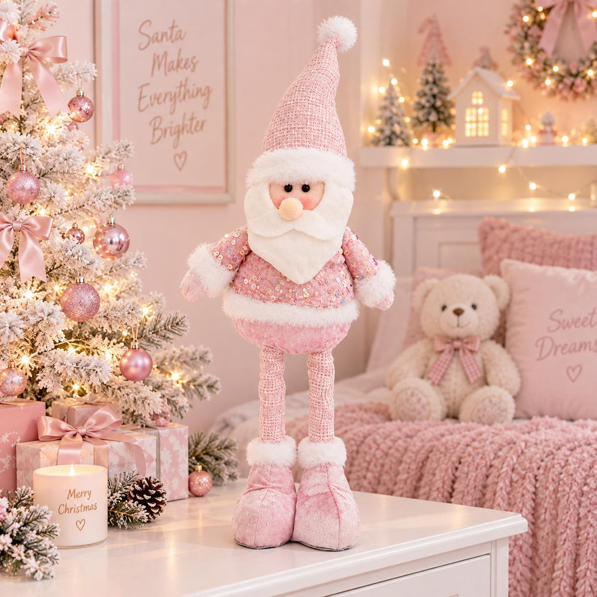 Pink Sequin Santa Figurine, Extendable Legs, Blush Christmas Decor – view 3