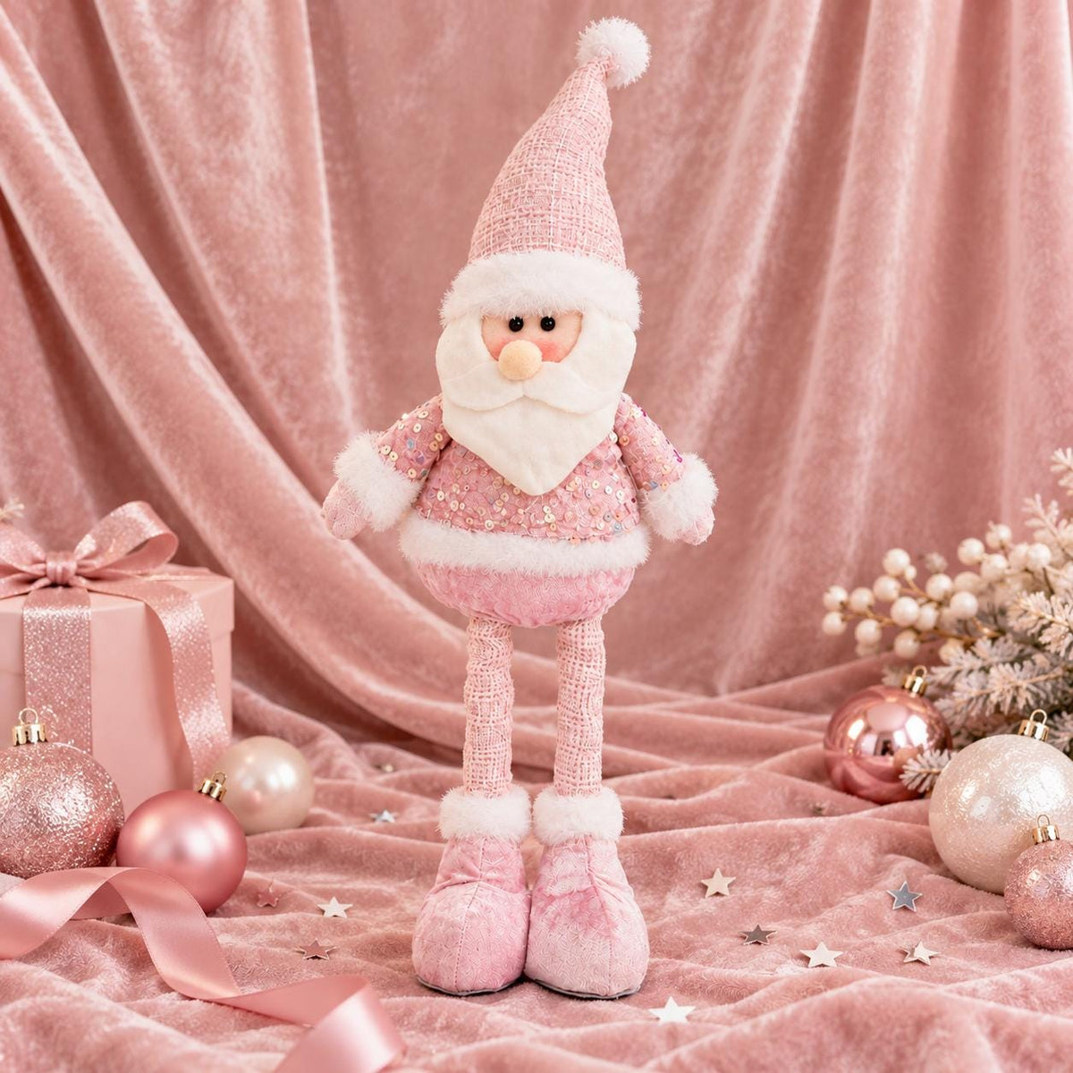 Pink Sequin Santa Figurine, Extendable Legs, Blush Christmas Decor – view 2