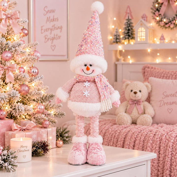 Pink Sequin Snowman Plush Figurine, Extendable Legs, Blush Christmas Decor