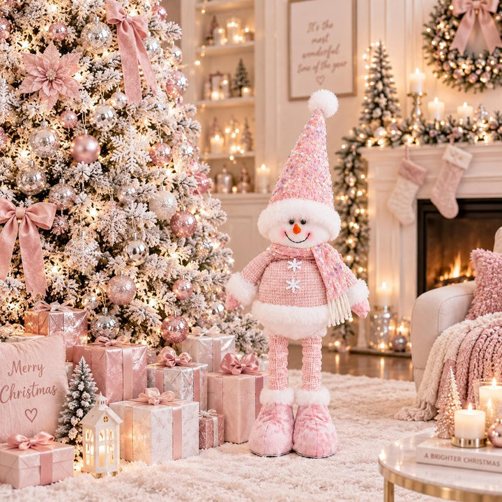 Pink Sequin Snowman Plush Figurine, Extendable Legs, Blush Christmas Decor